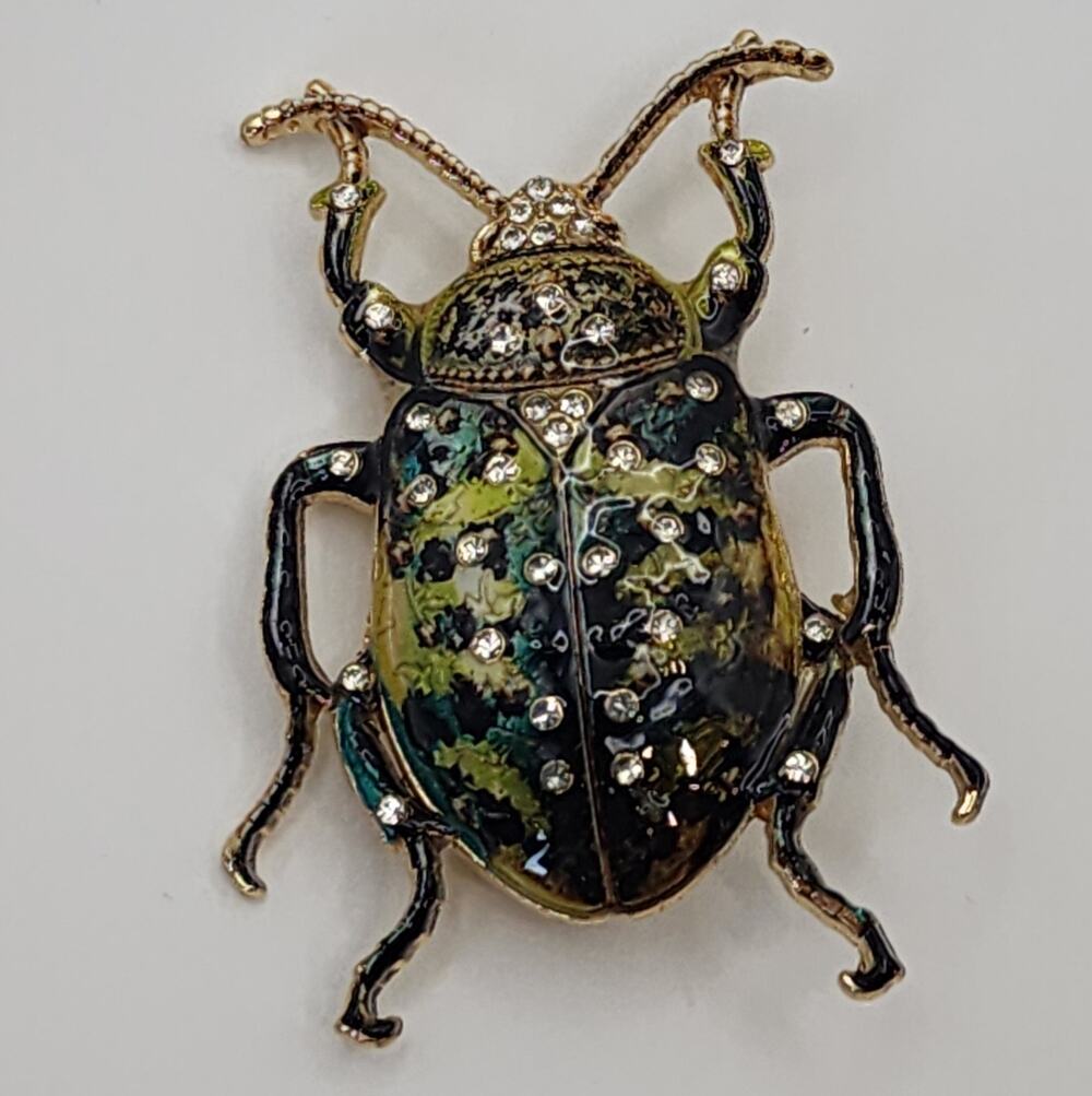 Gold Tone Beetle Brooch Pin Green & Yellow with Rhinestone Accents Goth Bug
